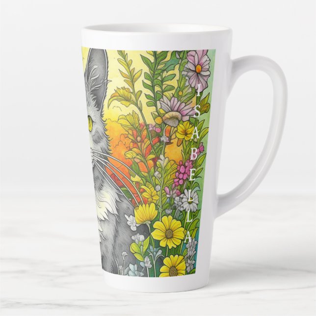 Caneca De Café Latte Gato Whimsical Personalizado e Flores (Direita)