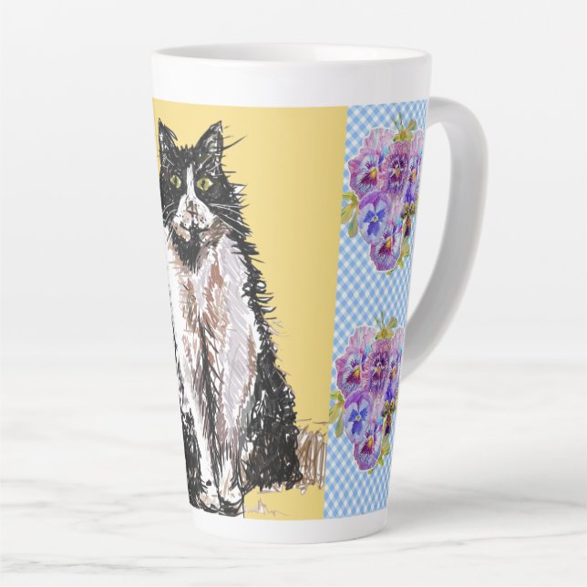 Caneca De Café Latte Gatos Brancos Pretos De Desenho De Gato Tuxedo (Ângulo direito)