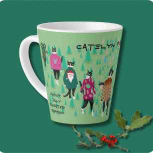 Caneca De Café Latte Gatos Engraçados em Suéteres de Natal Feios