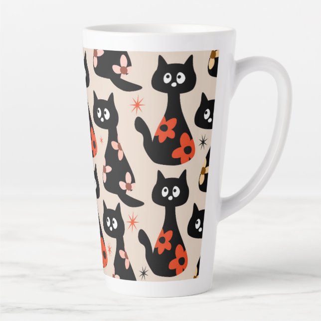 Caneca De Café Latte Gatos Florais Retro (bege Suave) (Direita)