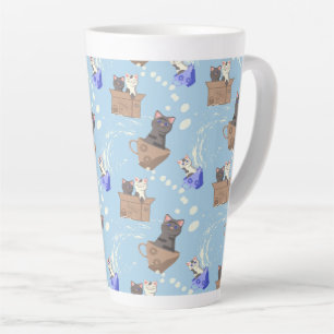Caneca De Café Latte Gatos na caixa e leite cai em azul