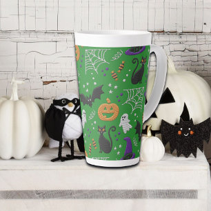 Caneca De Café Latte Gatos Negros Fantasmas Morcegam Padrão Verde Hallo