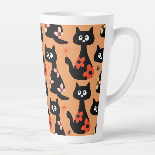 Caneca De Café Latte Gatos Pretos Florais Retro (Laranja) (Direita)