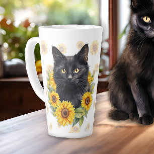 Caneca De Café Latte Gatos Pretos Girassóis Dizendo