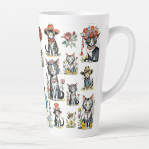 Caneca De Café Latte Gatos Whimsical com Chapéus e Flores