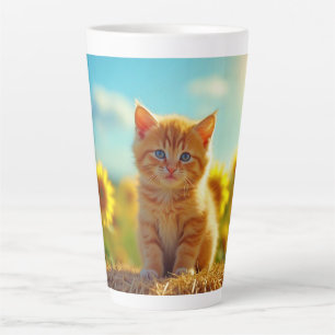 Caneca De Café Latte Ginger Kitten Adorável no Campo dos Girassóis