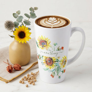 Caneca De Café Latte Girassóis aquarela personalizados