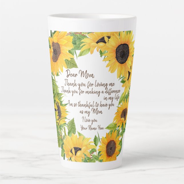 Caneca De Café Latte Girassóis com carta da querida mãe (Frente)