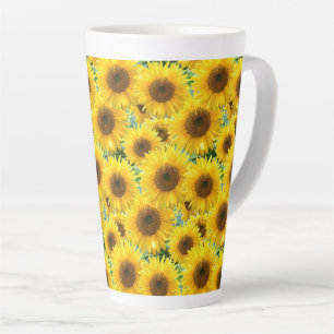 Caneca De Café Latte Girassóis em flor sobre azul-turquesa