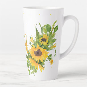 Caneca De Café Latte Girassóis monogamados, azuis, decoração amarela