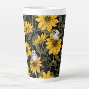 Caneca De Café Latte Girassóis selvagens e aves douradas/ amarelas