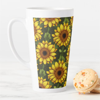Caneca De Café Latte Girassol amarelo alaranjado com verde e castanho