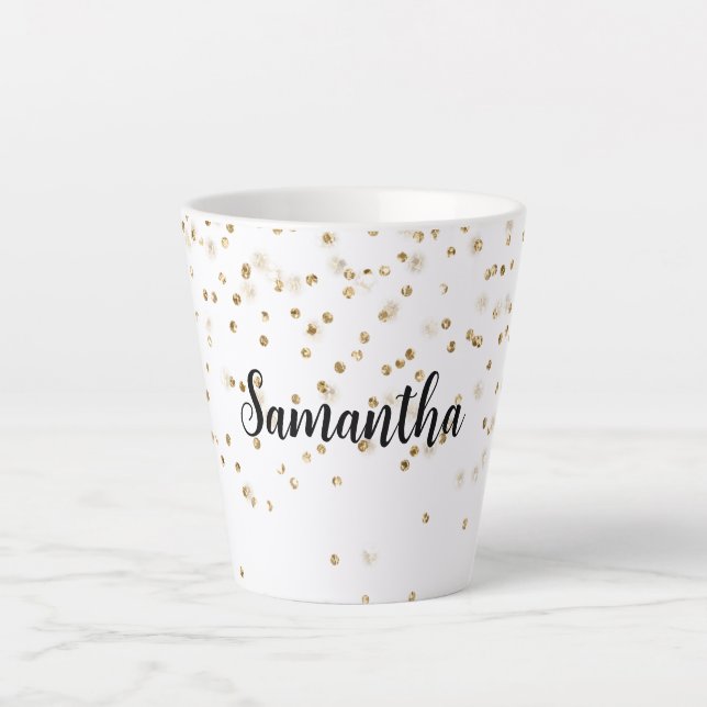 Caneca De Café Latte Girly Glam Dourado Sparkle Confetti Personalizada (Frente)