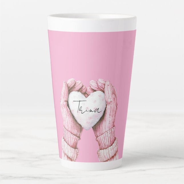 Caneca De Café Latte Girly Pink Winter Luvas White Heart (Frente)