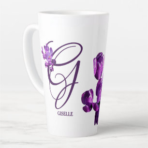 Caneca De Café Latte Giselle personalizável nome monograma flores roxas