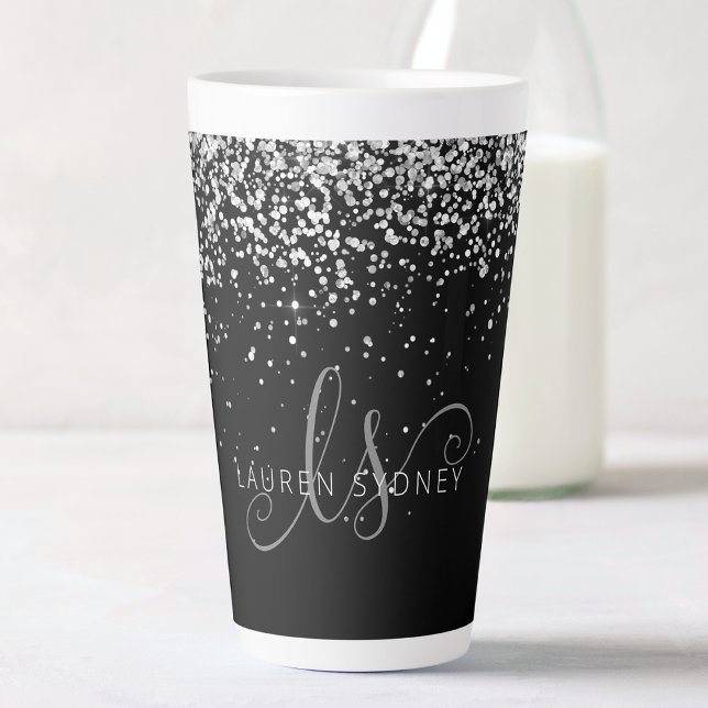 Caneca De Café Latte Glam Black Silver Glitter Glam Monograma Nome (Criador carregado)