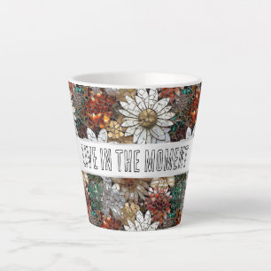 Caneca De Café Latte Glam Champagne Dourado Flores Brancas Vermelhas