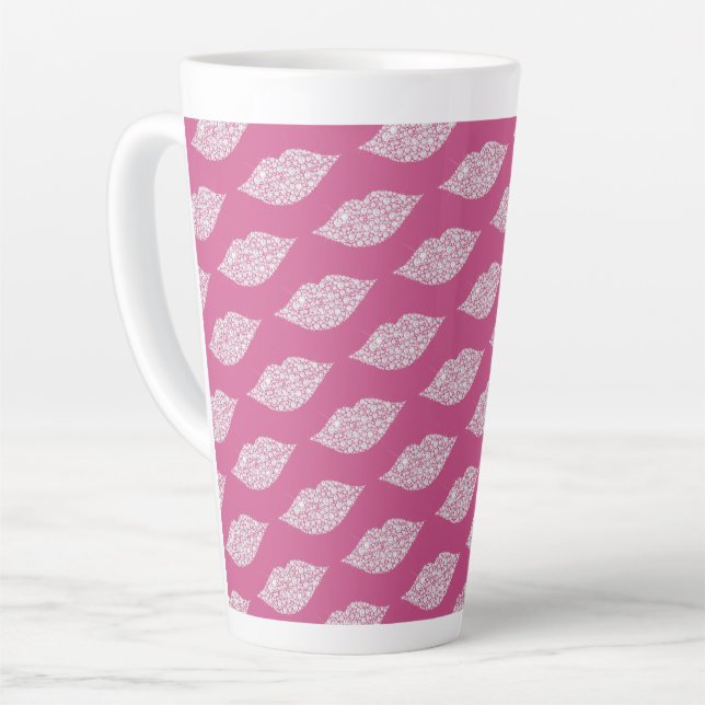 Caneca De Café Latte Glam Diamantes Rosa Lábios Kiss XOXO (Ângulo esquerdo)