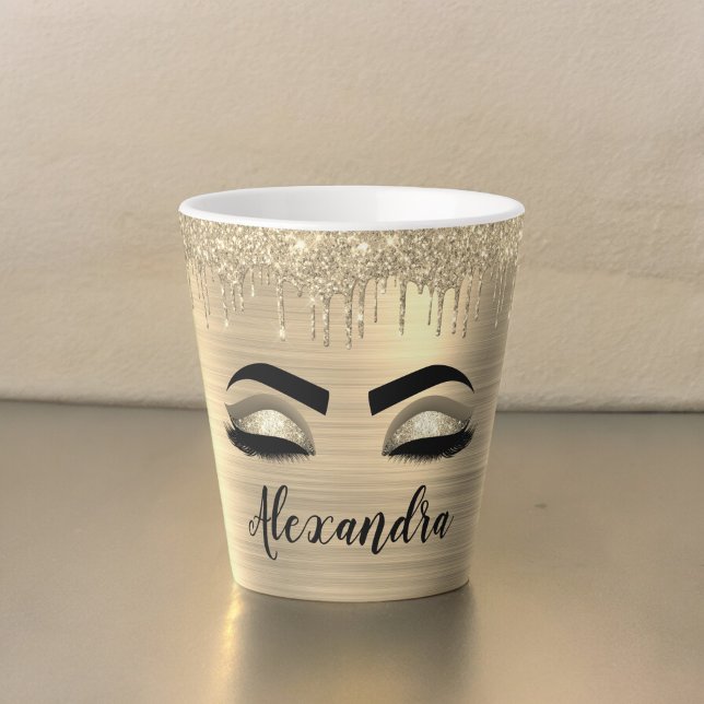 Caneca De Café Latte Glitter Sparkle Eyelashes Dourado Nome do Monogram (Criador carregado)