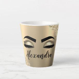 Caneca De Café Latte Glitter Sparkle Eyelashes Dourado Nome do Monogram