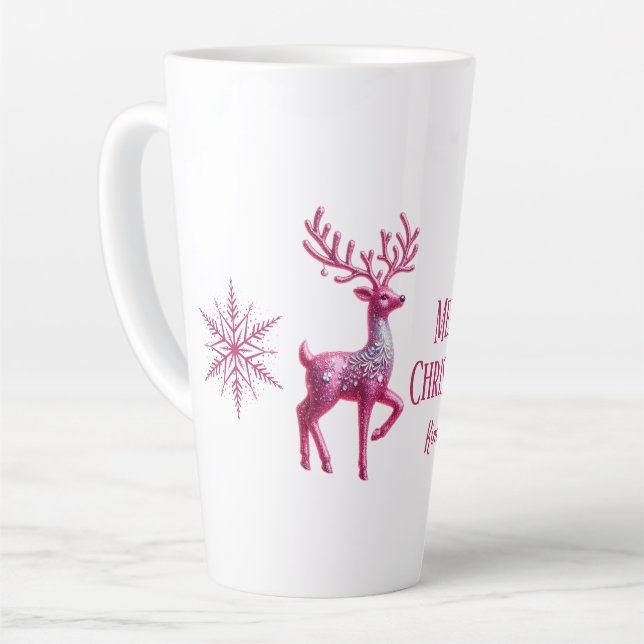 Caneca De Café Latte Glittery Pink Deer Merry Christmas Name (Ângulo esquerdo)