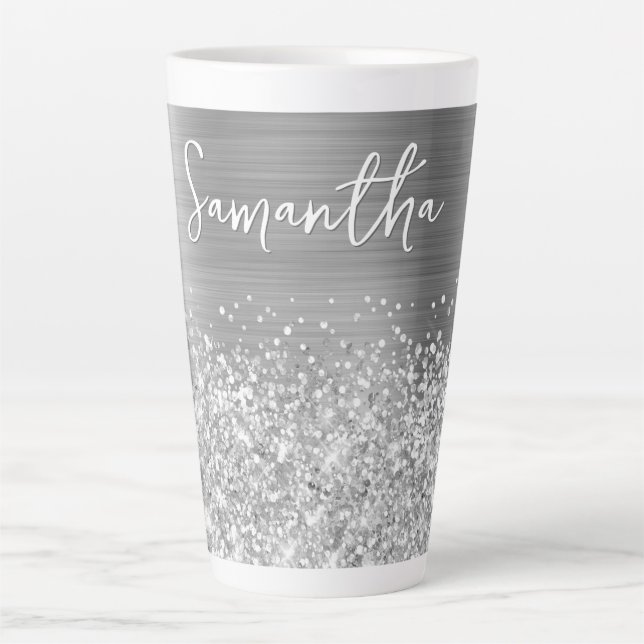 Caneca De Café Latte Glittery Silver Glam Name (Frente)