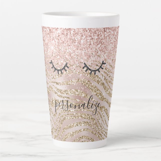 Caneca De Café Latte Glitzy Black Eyelashes Blush Zebra Glitter     (Frente)