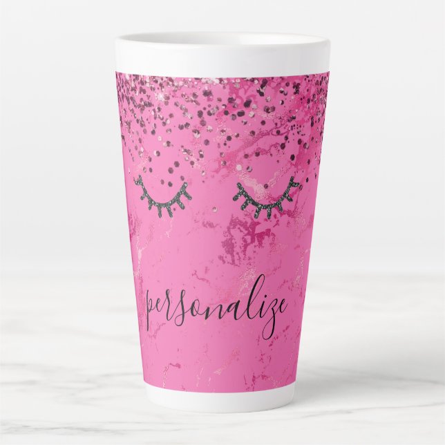 Caneca De Café Latte Glitzy Black Eyelashes Rosa Marble Glitz (Frente)
