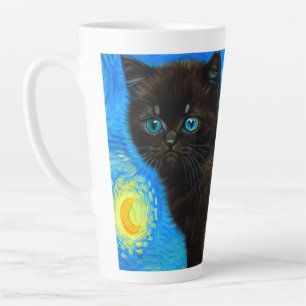 Caneca De Café Latte Gogh Style Starry Night Cat