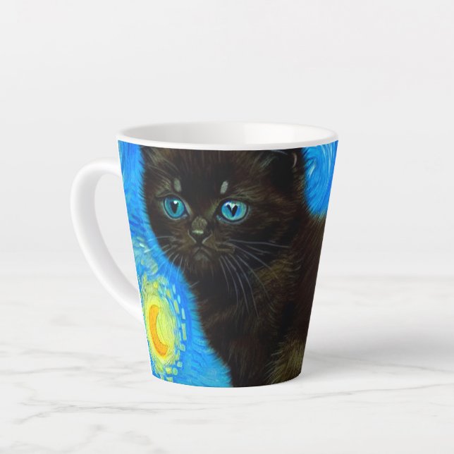 Caneca De Café Latte Gogh Style Starry Night Cat (Ângulo esquerdo)