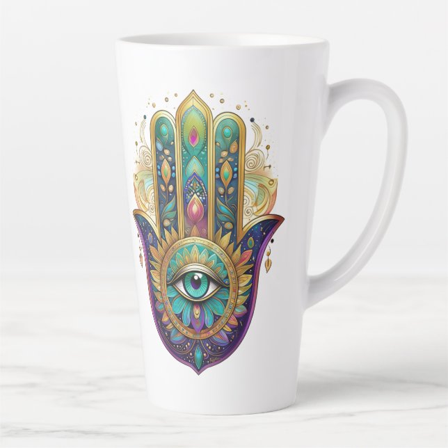 Caneca De Café Latte Gold Flower Petals Turquoise Third Eye Hamsa (Direita)