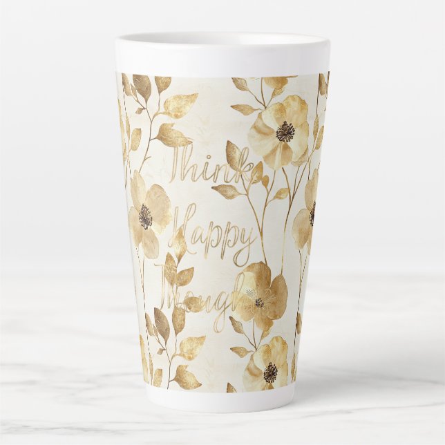 Caneca De Café Latte Gold Flowers Inspirational Happy Thoughts (Frente)