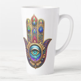 Caneca De Café Latte Gold Peacock Colors Hamsa Green Sapphire Third Eye