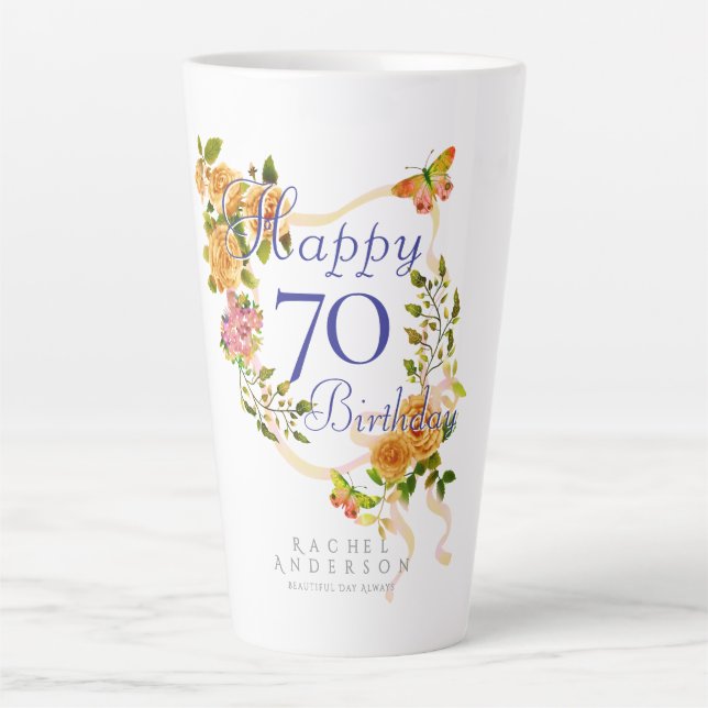 Caneca De Café Latte Gold Rose Ribbon 70th Birthday (Frente)