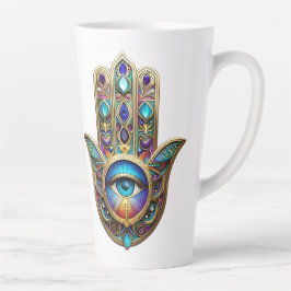 Caneca De Café Latte Gold Violet Turquoise Hamsa w/ Sapphire Third Eye
