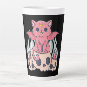 Caneca De Café Latte Gótico Kawaii Pastel Gato e Crânio de Demônio Cére