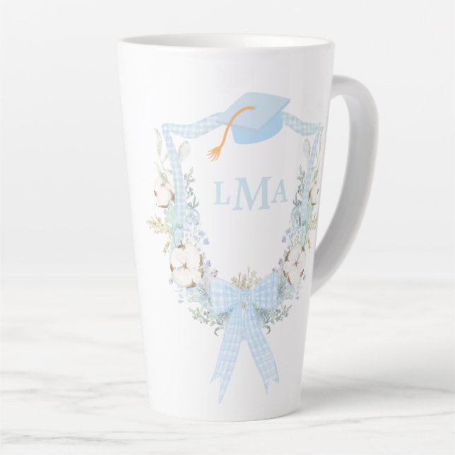 Caneca De Café Latte Graduação em Monograma de Gingham Meridional (Ângulo direito)