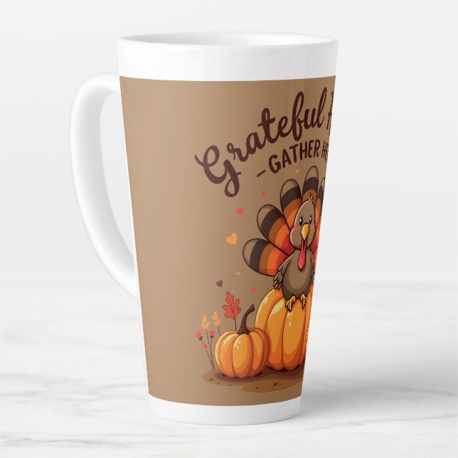 Caneca De Café Latte Grateful Hearts Thanksgiving Turkey (Ângulo esquerdo)