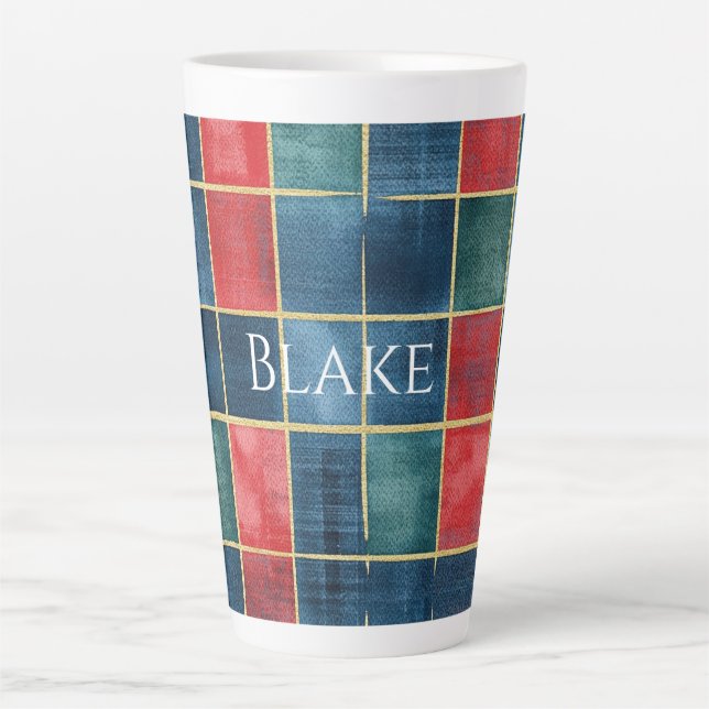 Caneca De Café Latte Green Blue Red Gold Plaid Stripes (Frente)