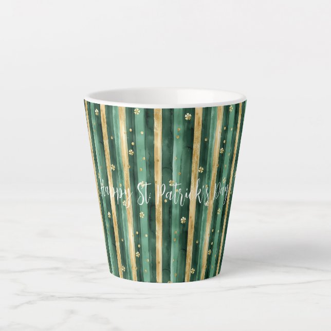 Caneca De Café Latte Green Gold Shamrock St. Patrick's Day Stripes (Frente)