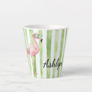 Caneca De Café Latte Green Pink Strips Flamingo Birthday