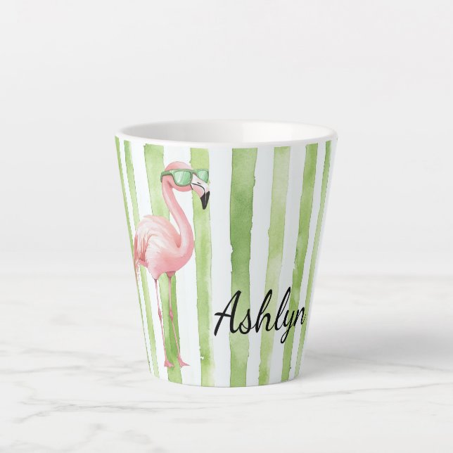 Caneca De Café Latte Green Pink Strips Flamingo Birthday (Frente)