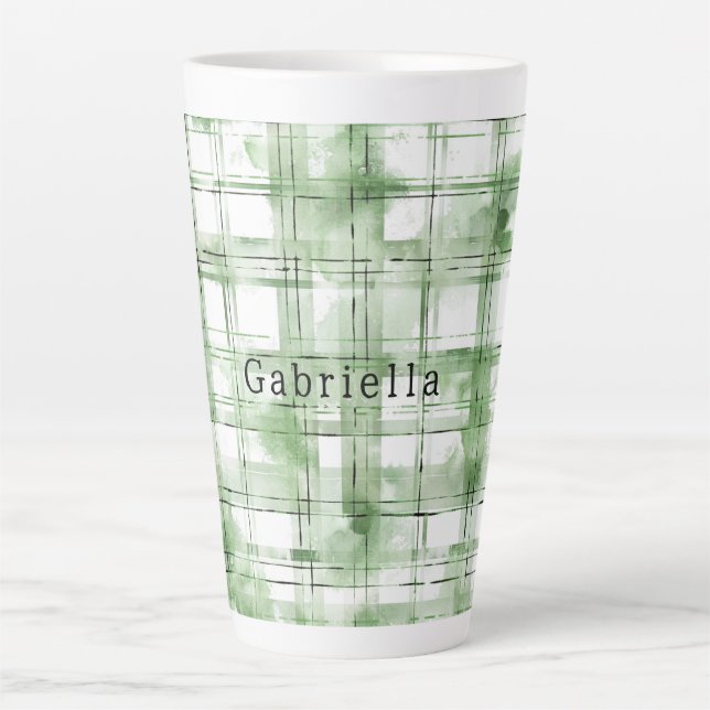 Caneca De Café Latte Green White Plaid Stripes   (Frente)