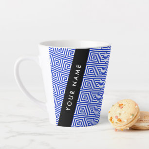 Caneca De Café Latte Grego Meander Key Blue, Seu Nome, Personalize