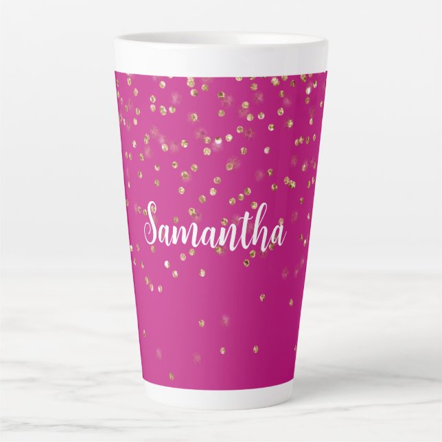 Caneca De Café Latte Grelha Rosa Dourada Confetti Personalizada (Frente)