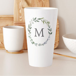 Caneca De Café Latte Grinalda de Folhas Verde Musgo com Monograma em Aq