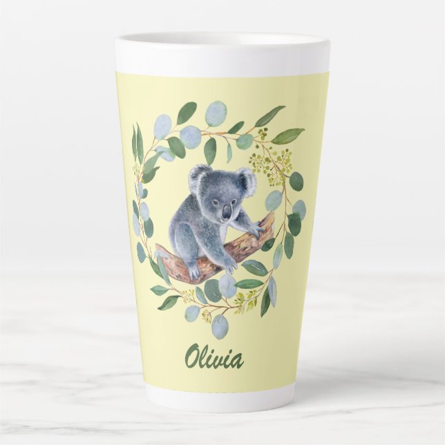 Caneca De Café Latte Guirlanda de eucalipto e coala em aquarela   (Frente)
