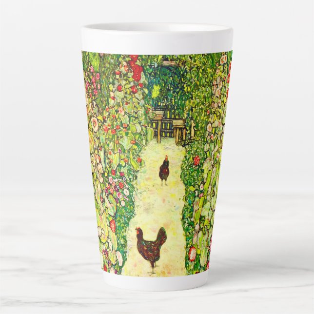 Caneca De Café Latte Gustav Klimt Garden com Galinhas (Frente)