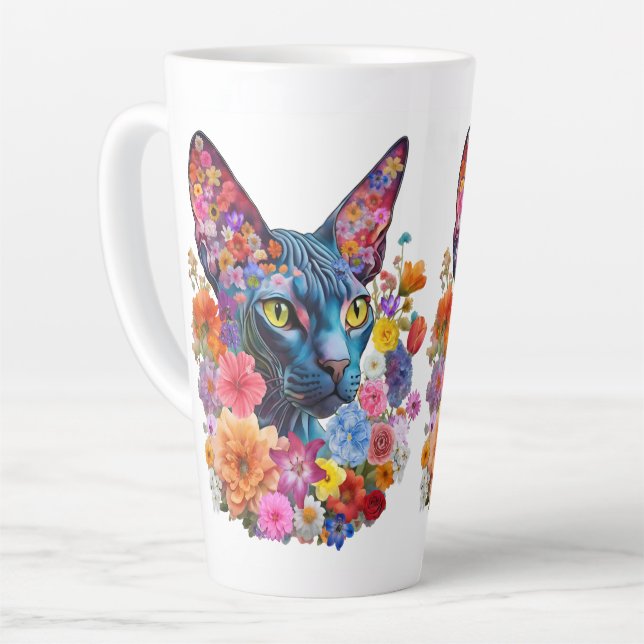 Caneca De Café Latte Hairless Sphynx Cat Art Floral  (Ângulo esquerdo)