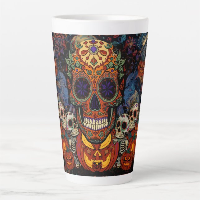 Caneca De Café Latte Halloween, Abóboras de Açúcar Caveira Fiesta, Cala (Frente)